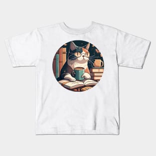 Cat Caffeine Addiction Coffee Reading Book - Love Cats Kids T-Shirt